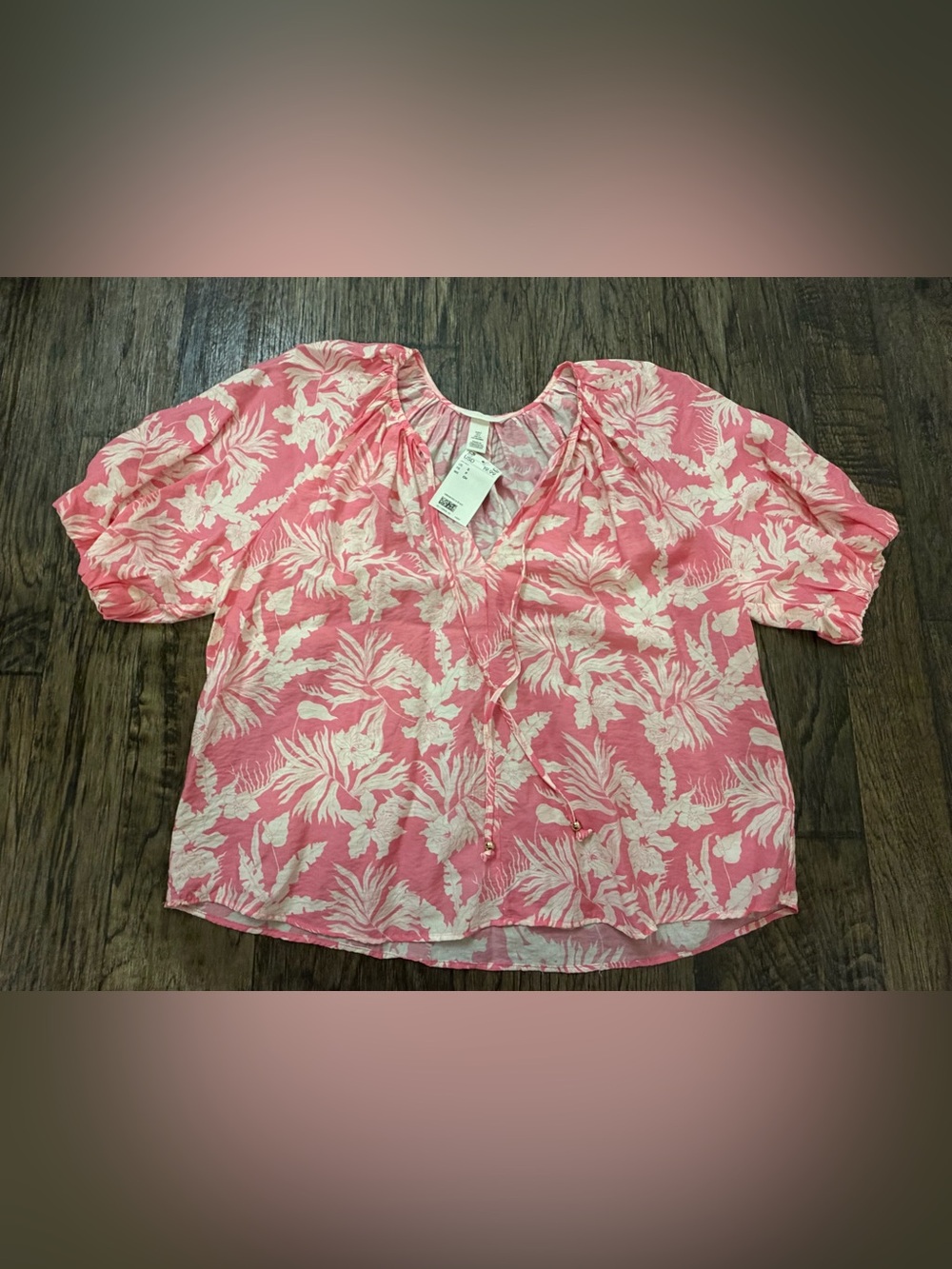 H&M Pink and Cream Floral Peasant Blouse